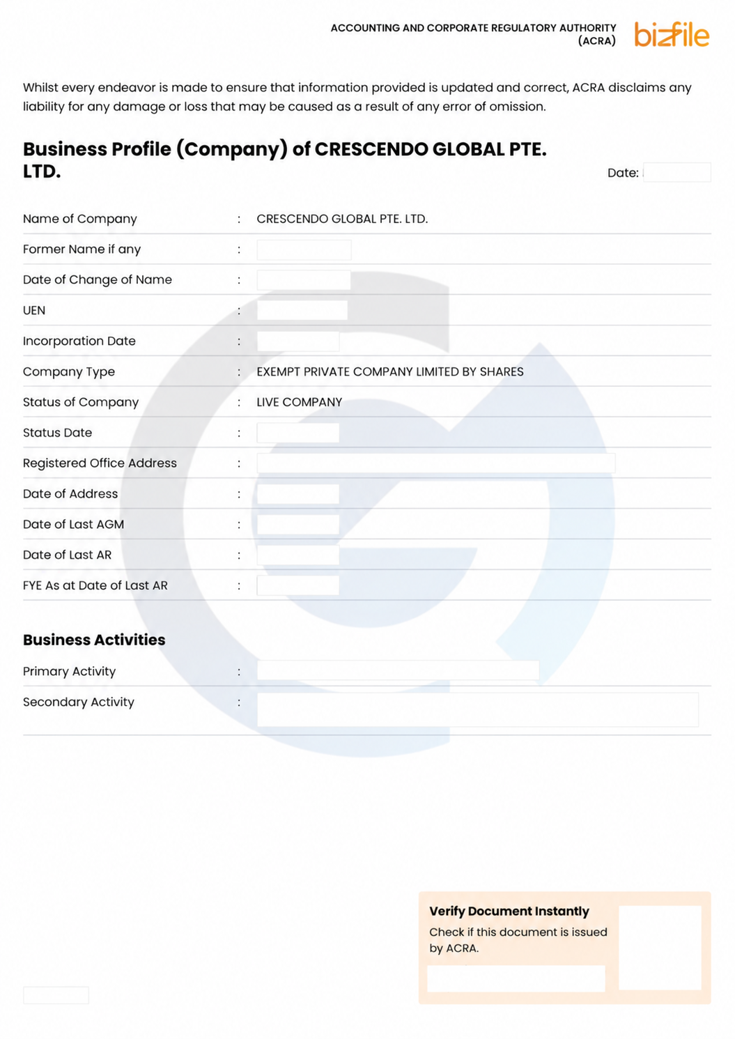 已去除识别号码和地址的 ACRA BizFile 公司资料预览